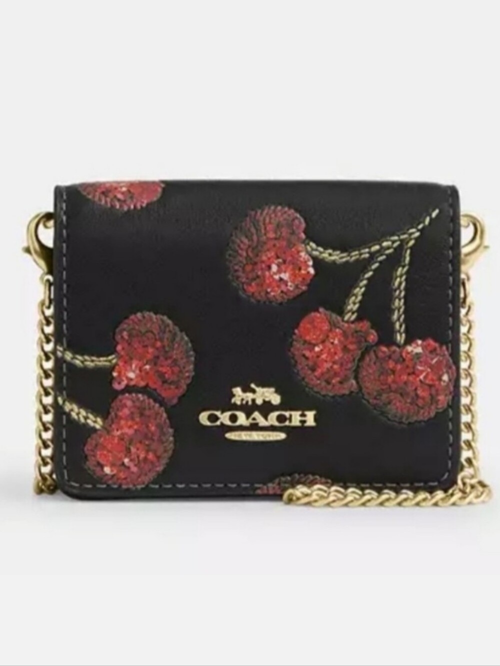 Coach Mini Wallat On A Chain Sequined Cherry Print Black Leather Crossbody - Picture 12 of 14